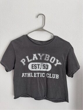 PLAYBOY Charcoal Graphic Crop Tee with White Print